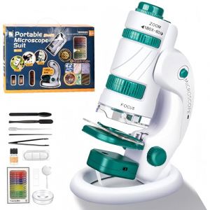 KinZon Microscope 3 en 1 pour Enfant, Microscope de Poche avec 5 Lames de Microscope préparées, lumière LED, 60x-180x, Jouet Scientifique Éducatif, Dès 6 Ans (FlyingBird EU, neuf)