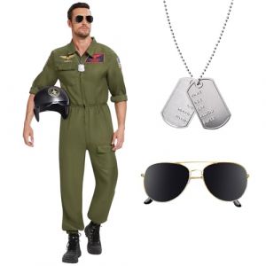 Herenear Costume Pilote de Chasse Homme, Combinaison de Pilote, Déguisement de Pilote de Chasse Costumes pour Carnaval, Halloween, Cosplay (Nashier, neuf)