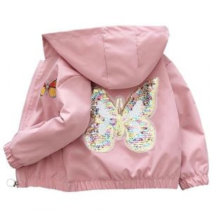 Amur Leopard Enfant Fille Veste à Capuche Manteau Coupe-vent Blouson Trench-coat avec Papillon à Paillettes pour Printemps Automne, Rose, 160/12-13 Ans (GMIAO-EU, neuf)