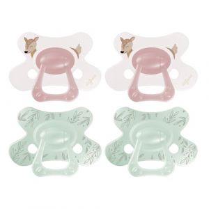 Difrax Natural Sucette 18 Mois et Plus – Tétine en Silicone Souple – Motif Cerf – Rose Poudré & Vert Menthe – 4 Pièces – Sucette Anatomique Facile à Accepter – Sans BPA – Confort Nocturne (Difrax LOVI, neuf)