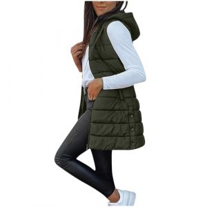 RLEHJN Doudoune Sans Manches Avec Capuche Femme Longue Doudoune Sans Manche Gilet Ultra Chaud L&eacute;g&egrave;re Veste Manteau Parka Blouson Zipp&eacute;e Capuche Gilet Duveteux Femme Hiver Waistcoat Avec Poches (⭐⭐⭐⭐⭐RLEHJN, neuf)