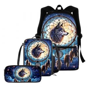 chaqlin Lot de 3 sacs d'école pour garçons et filles + boîte à déjeuner thermique + trousse à crayons, Attrape-rêves lune loup, Sac à dos enfant (chaqlin, neuf)