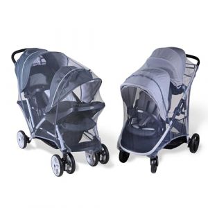 Moustiquaire universelle pour poussette frère et sœur - Protection contre les moustiques et les guêpes - Avec sac - Anthracite (BASA Family, neuf)