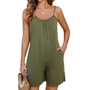 PASUDA Combinaison Femme Combishort Sans Manches Short Jumpsuit Salopette Été Bretelles Spaghetti Réglables Coton Chic Rompers avec Poches Couleur Unie Décontracté Vacances Plage (Vert Militaire, S) (Amutoo, neuf)