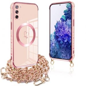 Pnakqil Coque Magn&eacute;tique pour Samsung Galaxy S20 FE 5G Con Cordon, Compatible avec MagSafe, Silicone Housse avec Motif Coeur d'amour Collier Lanyard, pour Samsung S20 FE 5G 6.5 Pouces, Chaine-Rose Or (UNA KADAMS, neuf)