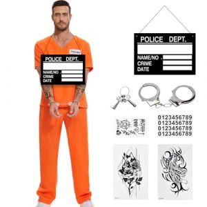 Charmofun Costume de Prisonnier, Déguisement de Prisonnier Orange pour Adulte, Combinaison Prisonnier Homme avec Menottes, Tenue Prisonnier Orange pour Carnaval (L) (Pulsepoint Market Kft., neuf)