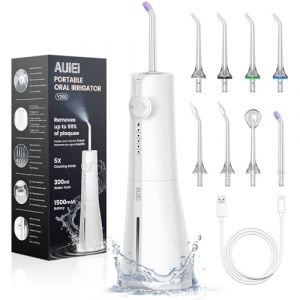 AUIEI Jet Dentaire Hydropulseur Portable Water Flosser, Irrigateur Oral 5 Modes et 8 Buses,Réservoir 300ML, USB Chargé, Étanche IPX7,Convient Gencive Sensible (Blanc) (CRISTINICA I.B. STORE S.R.L., neuf)