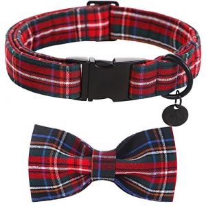 DOGWONG Collier pour chien rouge avec nœud papillon - Rouge à carreaux - Coton confortable - Collier de Noël avec nœud papillon amovible pour chiens de petite, grande et moyenne taille (DogWong, neuf)