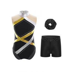 Oyolan Enfant Fille Justaucorps Gymnastique et Short Danse Patinage Artistique Gym Tenue Entraînement Costume Spectacle Performance 3-16 Ans B Or 7-8 ans (Oyolan EU, neuf)