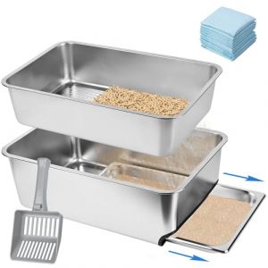 Liti&egrave;re &agrave; tamis en acier inoxydable pour granul&eacute;s de pin, taille XXL pour grands chats avec c&ocirc;t&eacute;s hauts, bac &agrave; liti&egrave;re en m&eacute;tal avec pelle en plastique et 10 tampons d'urine 60 x 40 x 20 cm (Homegroove, neuf)