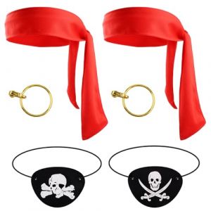 6pcs Costume de Pirate, Accessoires de Pirate avec 2pcs Cache-Yeux 2pcs Foulards et 2pcs Boucles d'Oreilles Décoration Pirate Halloween pour Fournitures de Fête Pirate (Foulard Rouge et Rouge) (Jenniy, neuf)