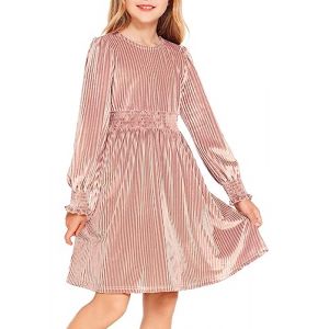 Arshiner Robe en Velours pour Filles Robe &agrave; Manches Longues Robe d&eacute;contract&eacute;e pour Enfants Robe de soir&eacute;e Automne Hiver Robe de Princesse Robe d'anniversaire Rose Robe de No&euml;l Vintage 11-12 Ans (Arshiner Store, neuf)