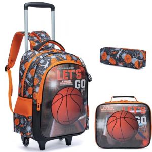Egchescebo Sac a Dos Enfant &agrave; Cartable Cabine Roulette Gar&ccedil;on Primaire 17" Valise &Eacute;cole Maternelle Sacs D'&eacute;cole pour Voyage de Bagages 3PCS Ensemble Grand Cartable &Eacute;tudiant Simple Basket-Ball Orange (Egchescebo EUR, neuf)