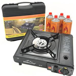 SMH LINE® Réchaud à gaz de camping avec 4x cartouches de gaz 227g, Réchaud de camping 1 flamme, avec mallette, Cuisinière de camping 1 flamme valise Cuisinière Table grill (smh.shop24, neuf)