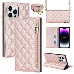 Cavor Coque iPhone 14 Pro Max avec Cordon,Etui iPhone 14 Pro Max,Flip Portefeuille &Eacute;tui en Cuir,[2 Porte Cartes][Magnetique],R&eacute;glable Collier Housse Etui Rabat Case pour iPhone 14 Pro Max - Or Rose (Copmob, neuf)