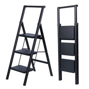 UZIRO Escabeau 3 Marches, Escabeau Pliable et Compact, Echelle D&eacute;corative avec Marche Pied Antiscivolo, Id&eacute;al pour Maison, Peinture et D&eacute;coratif, Durable, Facile &agrave; Ranger, Couleur Noir (TOPACTIVE, neuf)