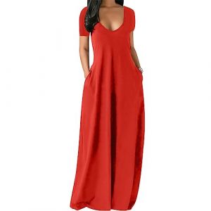 Robe Femme Ete Longue Chic Grande Taille Robe Tee Shirt Été D'Été Evasee Femme Robe T-Shirt D'Ete Droite Col V Boheme Casual Fluide Décontractée Bohème pour Femme Robes Longues Femmes Été Rouge XXL (Pengniao, neuf)