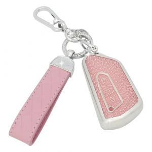 SparkleJoy Coque Clé Voiture TPU avec Porte-Clés en Cuir,Etui Clé Étui Clé Compatible avec VW Volkswagen Cupra Formentor Born Golf 8 Seat Leon MK4 Ibiza Ateca Skoda Kodiaq Fabia Enyaq Octavia (Rose) (AutoVeloce Europe, neuf)