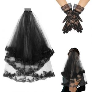 2 Pi&egrave;ces Voile Noir, Halloween Black Veil Voile en Dentelle Noire Avec Gants Courts En Dentelle Noire Voiles Noir Pour Mari&eacute;e Pour Femme Et Fille Accessoire De Costume De Mariage D'halloween (junlintianxian0, neuf)
