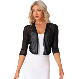 Allegra K Gilet Transparent Femme Bol&eacute;ro Mousseline de Soie Devant Ouvert Manches 3/4 Cardigan Court L&eacute;ger Noir M (Allegra K FASHION, neuf)