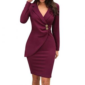 2025-Robe Portefeuille Femme Manche Longue- Robe Sexy Col en V Asym&eacute;trique Pliss&eacute;e avec Boutonds Casual Couleur Unie Chic Et &Eacute;l&eacute;gants Confortable Temp&eacute;rament De Travail Dress pour d'affaires (Hrihua, neuf)