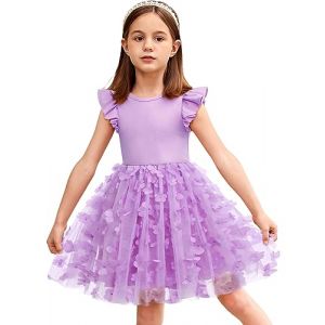 Arshiner Robe Fille Enfant Papillon Tulle Robe Princesse Robe de Soirée Manches Volantes Robe D'été Robe d'anniversaire Robe de Bal Mariage Fleur Fille Robe Violet 6-7 Ans (Arshiner Store, neuf)