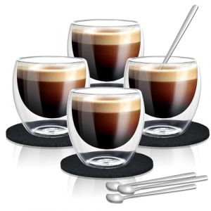 Cieex Ensemble Tasse a Cafe Double Paroi 4pcs Tasse Expresso avec Cuill&egrave;res et Dessous de Verre en Feutre Tasse Double Paroi R&eacute;sistantes &agrave; la Chaleur (80ml) (safeguardbaby, neuf)