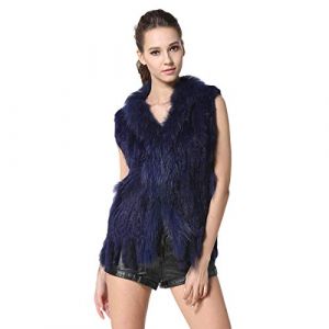 KAISHIN Mode R&eacute;el Tricot&eacute; Gilets De Fourrure De Lapin pour Femmes Casual Col De Fourrure De Raton Laveur Col Manteau Sans Manches (Saphir, FR 36-38 Taille) (KAISHIN, neuf)