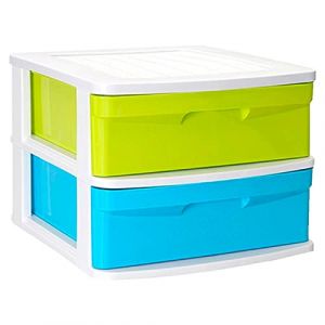 Acan Tradineur - Commode en plastique Sena, 2 tiroirs multicolores, multi-usages, rangement, école, maison, fabriquée en Espagne (blanc, tiroirs couleur aléatoire, 33,5 x 40 x 39 cm) (TRADINEUR, neuf)