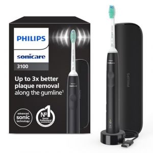 Philips Sonicare 3100, Brosse &agrave; dents &eacute;lectrique sonique, capteur de pression et minuterie, &eacute;tui de voyage, noir, mod&egrave;le HX3673/14 (Little.Brick, neuf)