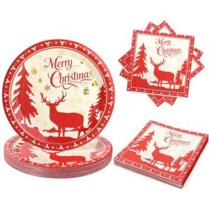 PARTY GO Vaisselle de Noel Jetable En Papier Et Serviettes De No&euml;l 50 Pi&egrave;ces, 23cm Assiette Motif Renne Rouge, pour 25 Convives, pour No&euml;l F&ecirc;tes D&eacute;coration (YI BOTONG, neuf)