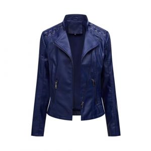 SPSMOKH Veste en cuir synthétique pour femme, avec fermeture éclair, veste de moto, veste de demi-saison, veste d'extérieur, coupe ajustée, manteau court de moto (bleu, XL) (xuhuang, neuf)