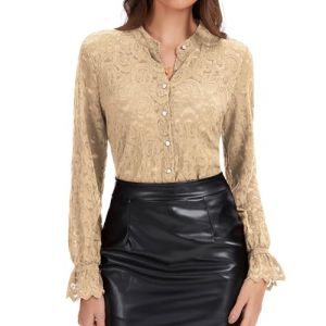 WOWENY Chemisier en dentelle pour femme - Manches longues - &Eacute;l&eacute;gant - Col &agrave; revers - Blouse en dentelle - Haut d&eacute;contract&eacute; - Chemisier transparent, M (Naughty Fashion Mode, neuf)