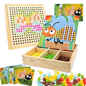 Gohytal Jeu de mosa&iuml;que pour enfants &agrave; partir de 2, 3, 4, 5 ans, mosa&iuml;que en bois, kit de bricolage pour enfants, Pegboard, fourchettes avec perles &agrave; embo&icirc;ter et cartes Montessori 3D, cadeaux pour (JIANGAIDOLIANG, neuf)