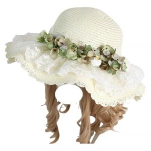 Lolita Coiffe, Bandeau Lolita, Chapeaux de paille de soleil de plage d'&eacute;t&eacute; for femmes, chapeau de fleur en dentelle Lolita, chapeaux seau de voyage &agrave; large bord(Green Flower) (Morty Bazaar, neuf)