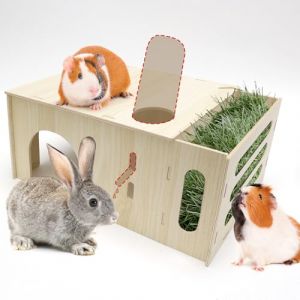 GHWMYD Maisonnette avec Mangeoire à Foin pour Lapin, 2 en 1 Cabane Cochon d'Inde en Bois avec Distributeur de Nourriture pour Petits Animaux de Compagnie, Hamsters Nains, Chinchilla (aduoluo-beauty, neuf)