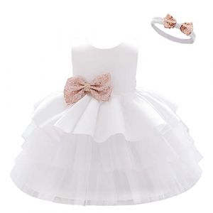 Lito Angels Robe Demoiselle d'honneur Ceremonie Mariage avec Bandeau pour Bebe Filles Taille 12-24 Mois, Blanche (étiquette en Tissu 80) (Lito Angels FR, neuf)