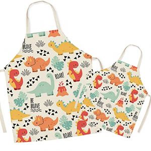 Tablier de cuisine en lin pour parents et enfants - Tablier de maman et d'enfants &agrave; motif de dinosaure mignon, tabliers de fille de fils de maman pour la f&ecirc;te de peinture de cuisson de cuisson (littleear, neuf)