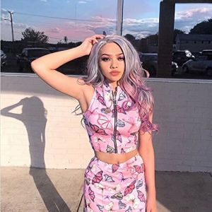 AFBeauty Perruque synthétique longue avec dentelle frontale colorée pour femme - Gris violet et rose - Perruque arc-en-ciel avec cheveux de bébé - Résistante à la chaleur - Pour cosplay, maquillage et (AFBeauty, neuf)