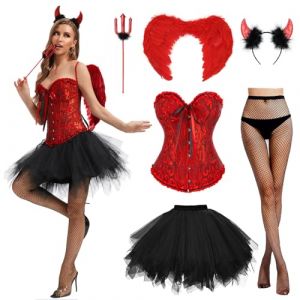 Charmofun Déguisement Halloween Femme Diable Sexy, Costume Diablesse Femme avec Corset Rouge, Ensemble 6 Pièces Aile Demon, Déguisement Halloween Féminin Cosplay Carnaval (XL) (Pulsepoint Market Kft., neuf)