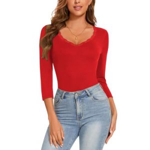 WOWENY Body Femme &Eacute;l&eacute;gant Dentelle Manches Courtes/ Manches 3/4 Bodysuit Femme Hauts avec D&eacute;collet&eacute; en V Body Femme pour Femme Body de Danse String Body Body Traditionnel Body en Dentelle, L (SONEVEN DIRECT FR, neuf)