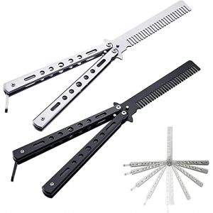 Pratiquez le Couteau Papillon 2 Pi&egrave;ces Couteau Papillon Peigne en Acier Inoxydable Couteau Papillon &agrave; Lame Peigne &agrave; Ressort pour Cheveux et Barbe et Soins Capillaires(Argent,Noir) (CHmiss, neuf)