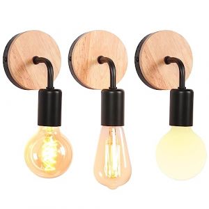 iDEGU Lot de 3 Applique Murale Interieur Industrielle LED Lampe Murale Vintage en Bois Métal E27 Luminaire Applique Rétro pour Salon Chambre à Coucher Couloir Salle de Bain (Type B, Noir, 3 Pack) (IDEGU, neuf)