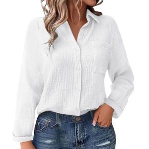 Chemise boutonn&eacute;e en Gaze de Coton pour Femme &ndash; Chemisier textur&eacute; froiss&eacute; &agrave; Manches Longues avec Poche, Haut l&eacute;ger et d&eacute;contract&eacute; pour l'&eacute;t&eacute; et la Superposition (Anglekie, neuf)