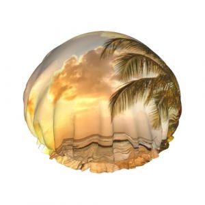Bonnet de douche en forme de palmier hawaïen Sunset avec bonnet de douche élastique et imperméable double couche réutilisable, cache-oreilles pour hommes, femmes. (hefeiliguipengshangmaoyouxiangongsi, neuf)