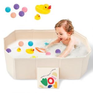 Baignoire Enfant Pliable, Baignoire Pliable BéBé avec Jouets 5 Balles et 2 Canards Bouchon de Vidange, Baignoire Bebe Pliable 30.7x17.7x9.8 Pouces pour Enfants 0 à 8 ans (Blanc tulipe) (xiangbaoshang, neuf)