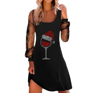 G&eacute;n&eacute;rique Robe Noel Femme Femme Robe De No&euml;l &Agrave; Imprim&eacute; Verre &Agrave; Vin Manche Longue Robe Au Genou D&eacute;contract&eacute;e Robe De F&ecirc;te De Cocktail (liucunwu, neuf)