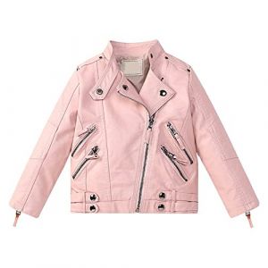 Lengender Veste en Simili Cuir Enfant Fille Manteau Courte PU Cuir Jacket Blouson Motard Hiver Automne (Rose, 130) (FindPitaya, neuf)