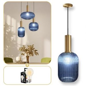 Lumeo creative | Suspension verre fumé Cristali | Lustre vintage pour salle à manger, ilot de cuisine, entree | suspension luminaire salon doré | Suspension vintage (Bleu Saphir, A - Poignée Tube) (Lumeo Creative, neuf)