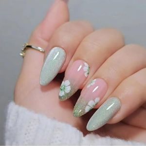 Resweky Amande Long Faux Ongles Rose Fleur Vert Faux Ongles Fran&ccedil;ais Brillant Impression sur Couverture Acrylique Ongles pour Femmes et Filles (Resweky, neuf)